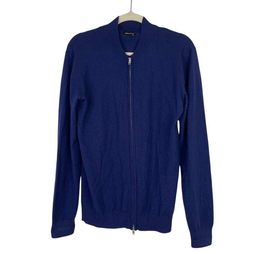 Collars & Co Mens‎ Merino Wool Full Zip Up Cardigan Sweater Preppy Blue Size S